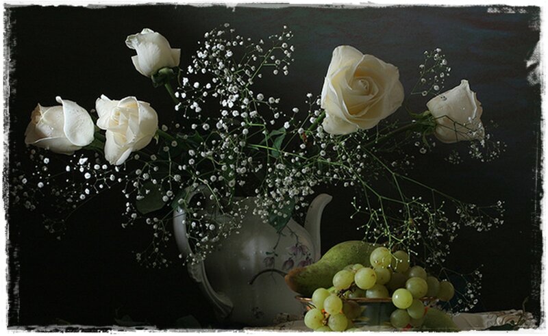 White Roses and Grapes — Black