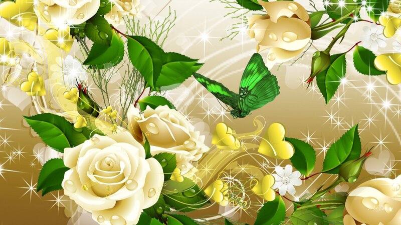 White Roses and Green Butterfly