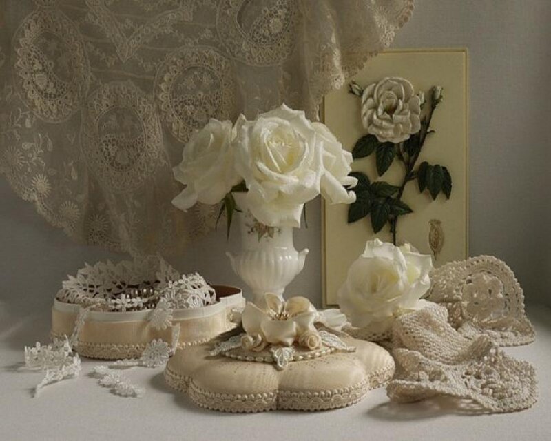 white roses and lace still life