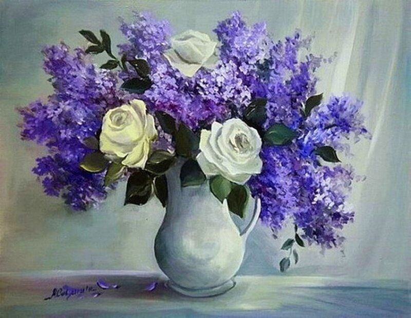 White Roses and Lilacs — Purple, Serene, Painting