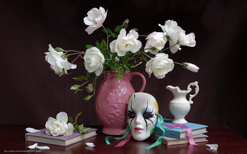 White roses and mask still life