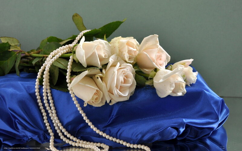 White roses and pearls on blue