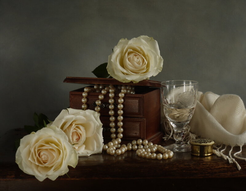 white roses and pearls still life