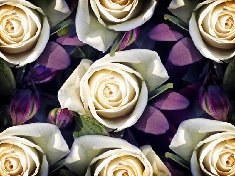 White Roses and Purple Buds