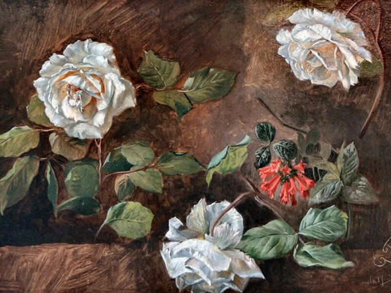 White Roses and Red Flowers — Brown