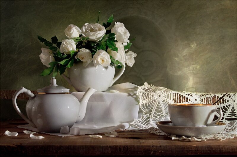 White Roses and Tea Set — Serene, Photograph, Flowers