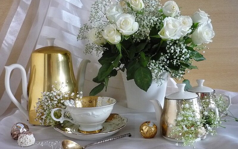 White Roses and Tea Set — Serene, Photograph