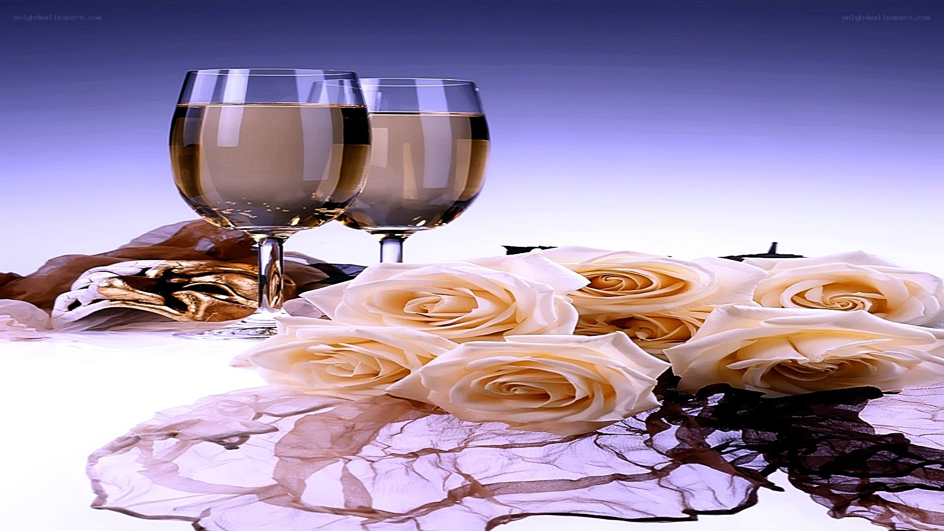 White roses and wine glasses