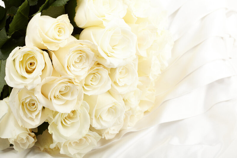 White Roses Bouquet — Serene, Photograph, Green Leaves, Fabric