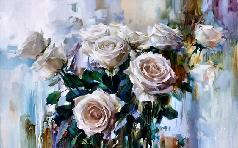 White Roses in a Bouquet — Calm, Painting