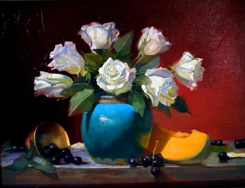White Roses in a Vase — Blue
