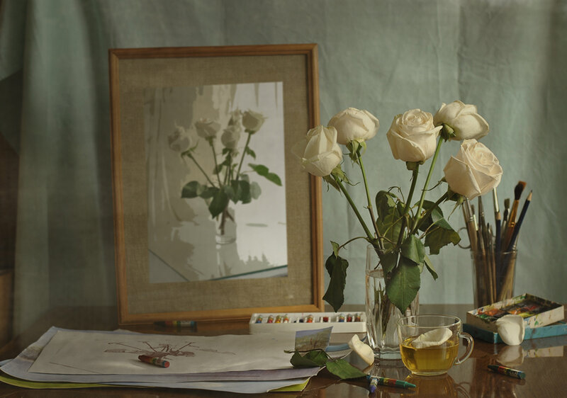 White Roses in a Vase — Green