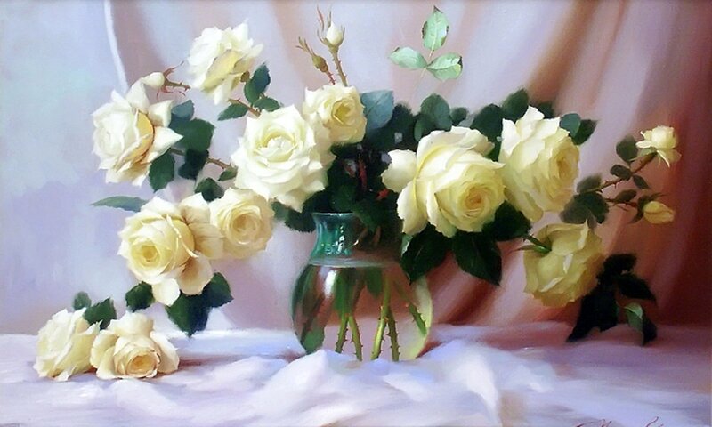 White Roses in a Vase — Serene, Painting, Leaves, Fabric