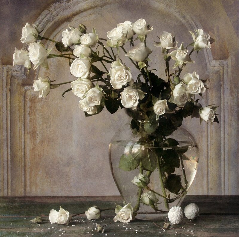 White Roses in a Vase — Serene, Painting, Table