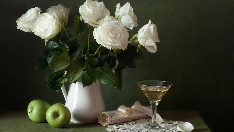 White Roses in a Vase — Serene, Photograph, Green Apples