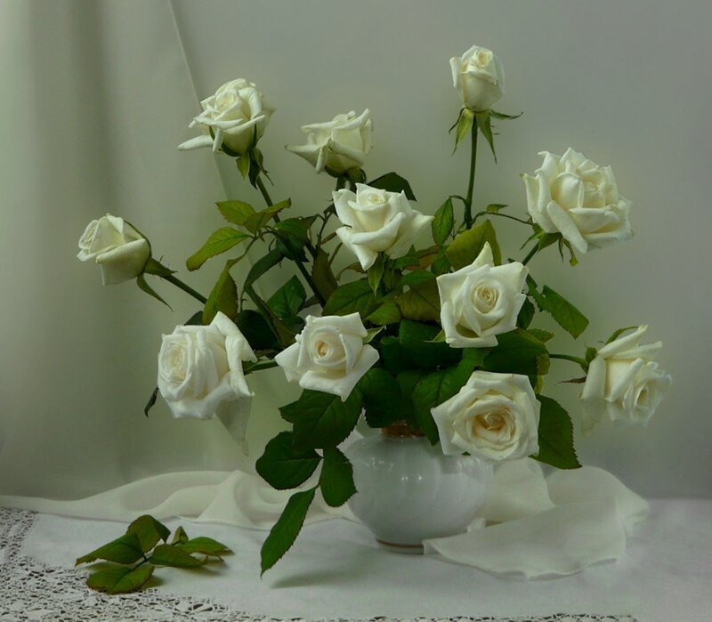 White Roses in a Vase — Serene, Photograph, Tablecloth