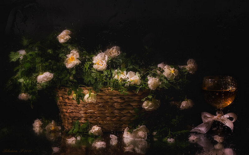 White Roses in Basket — Black