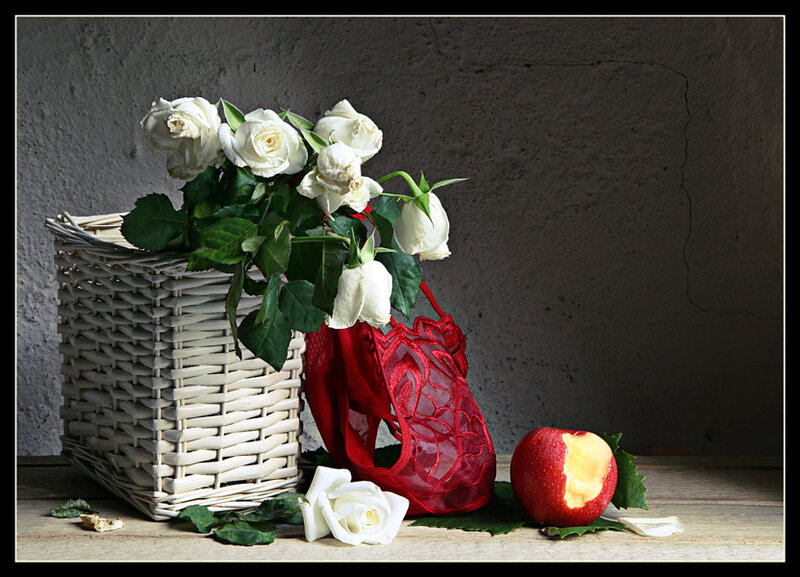 White Roses in Basket — Dramatic