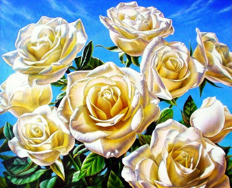 White Roses in Bloom — Serene, Afternoon, Painting