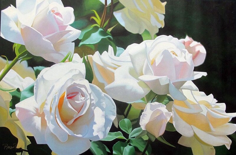 White Roses in Bloom — Serene, Painting, Green Leaves, Buds