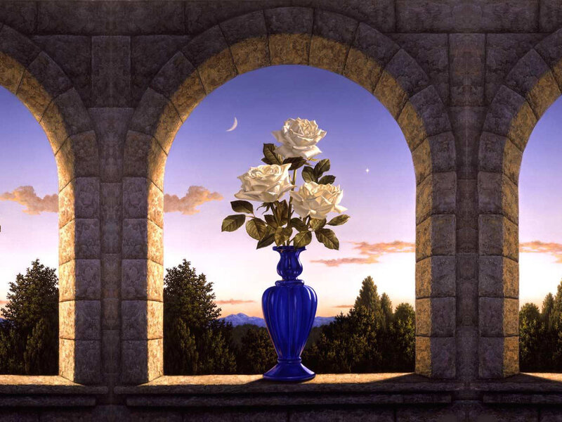 White Roses in Blue Vase