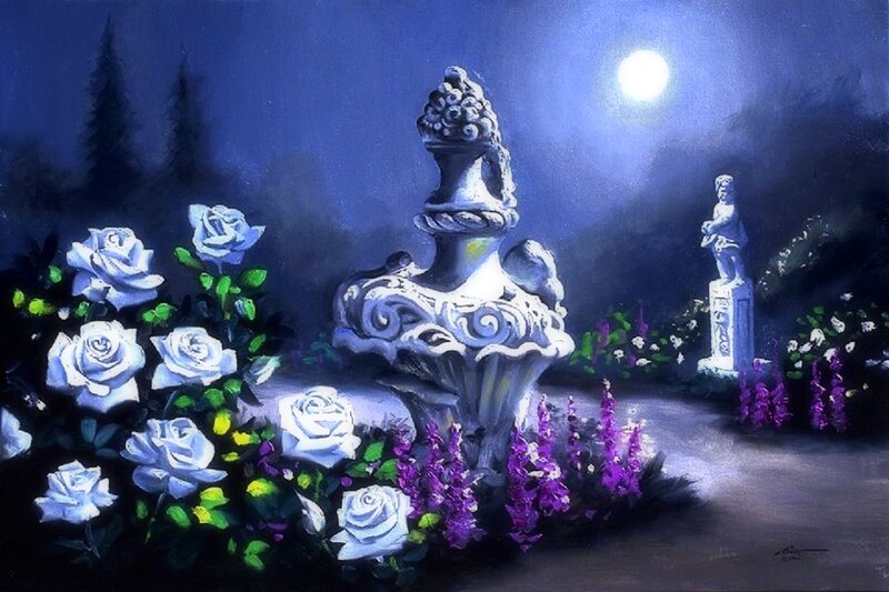 White Roses in Garden — Blue, Serene, Night