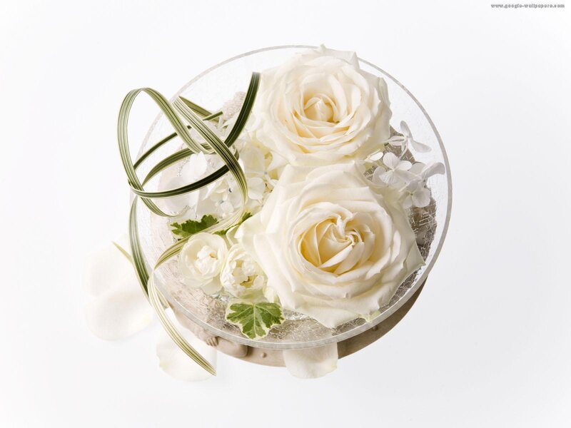 White Roses in Glass Bowl