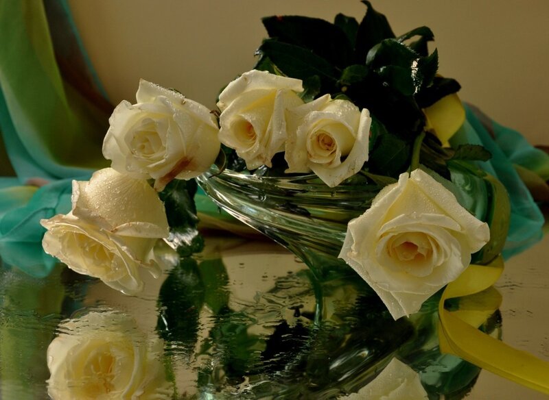 White Roses in Glass Vase
