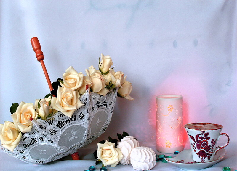 White Roses in Lace Basket