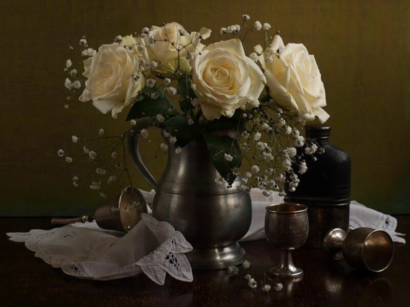White Roses in Pitcher — Brown