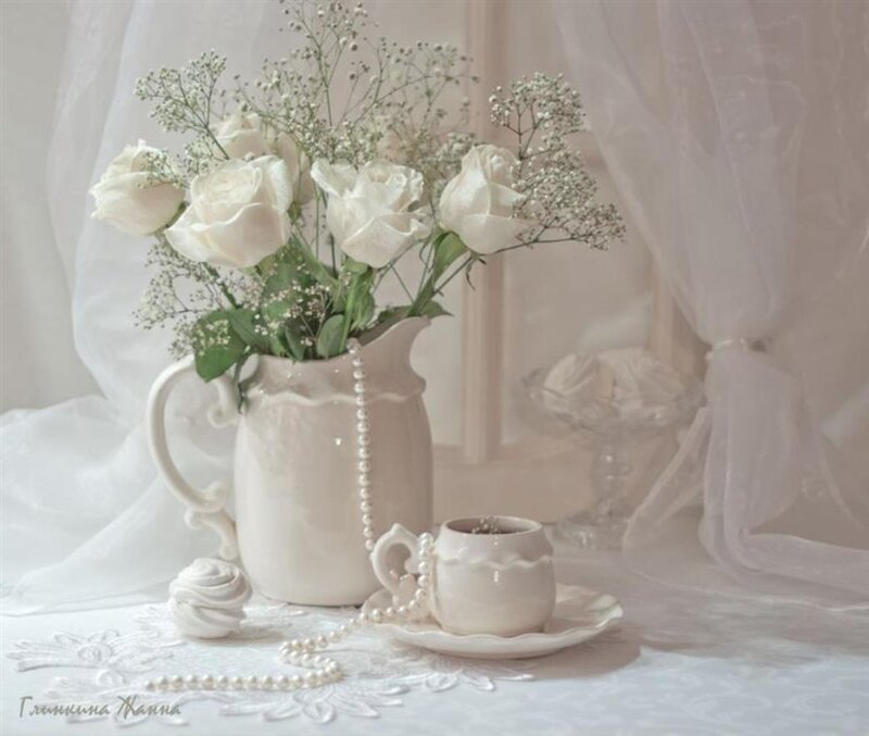 White Roses in Pitcher — Serene, Photograph, Flowers