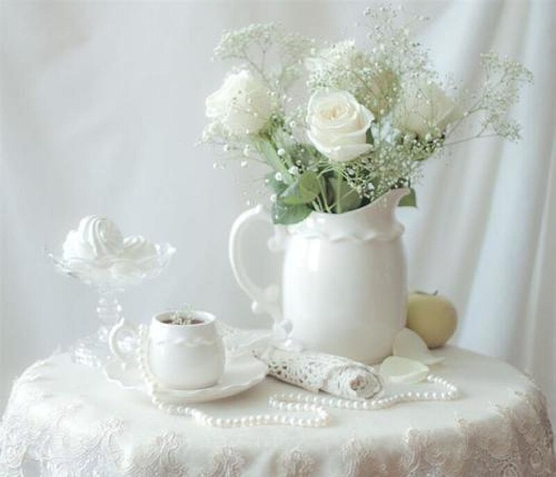 White Roses in Pitcher — Serene, Photograph