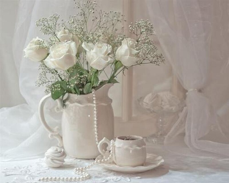 White Roses in Pitcher — Serene