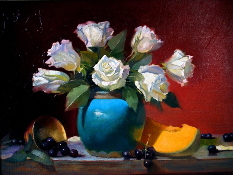 White Roses in Vase — Blue, Dramatic