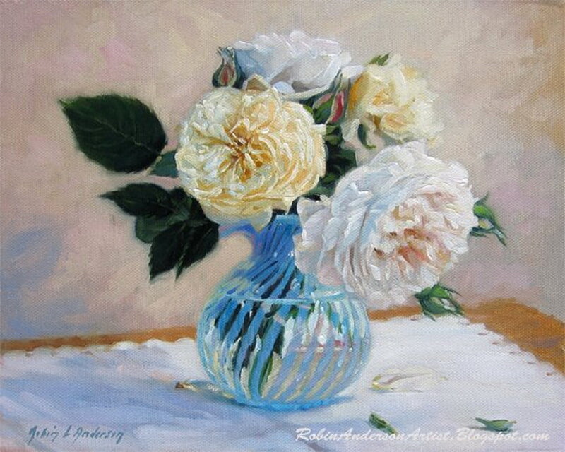 White Roses in Vase — Blue, Serene