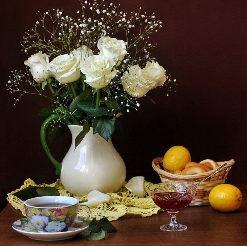 White Roses in Vase — Brown, Calm, Photograph