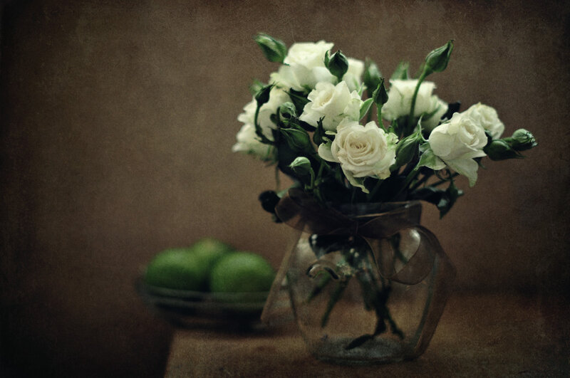 White Roses in Vase — Brown, Calm