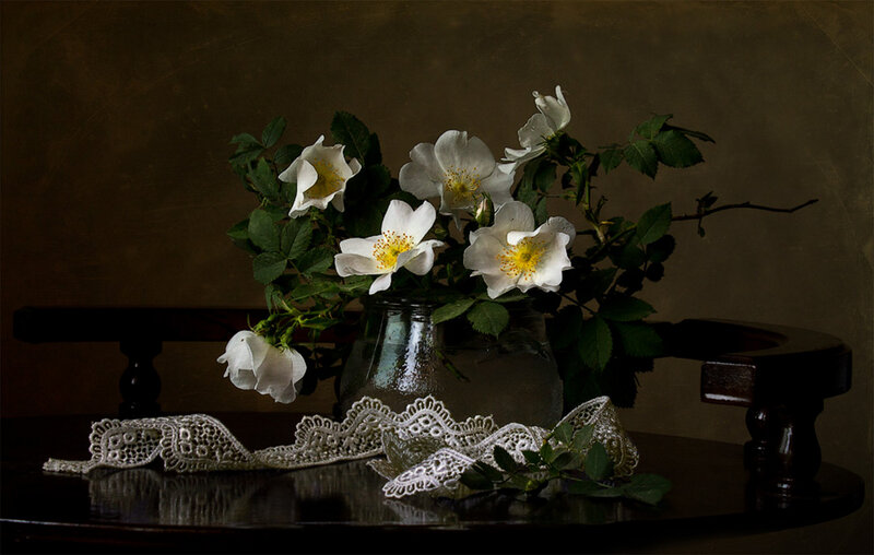 White Roses in Vase — Brown, Dramatic, Photograph