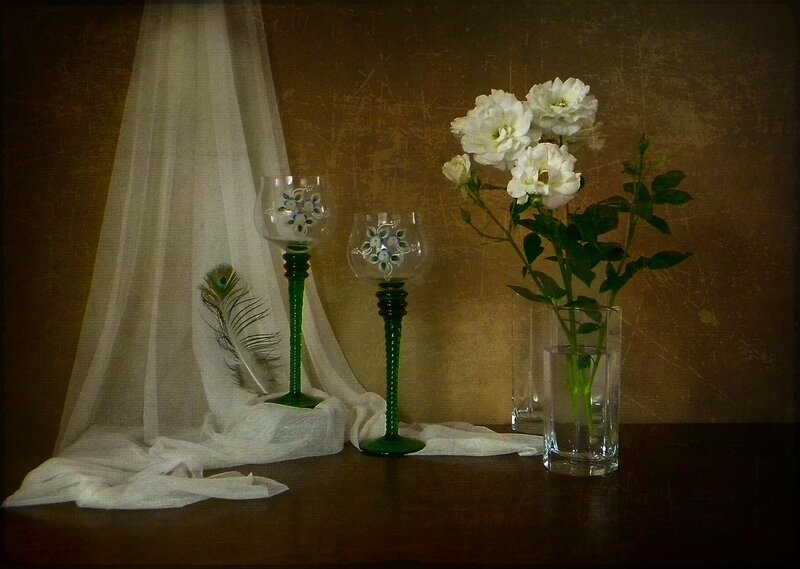 White Roses in Vase — Brown, Dramatic