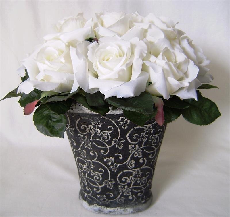White Roses in Vase — Calm, Photograph, Green Leaves