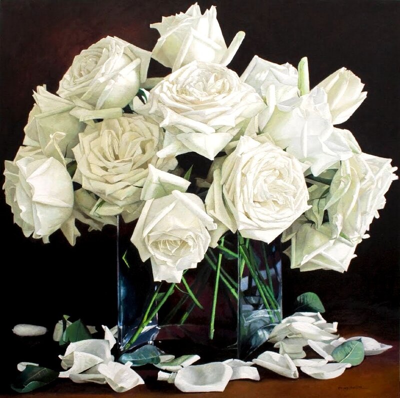 White Roses in Vase — Dramatic, Painting