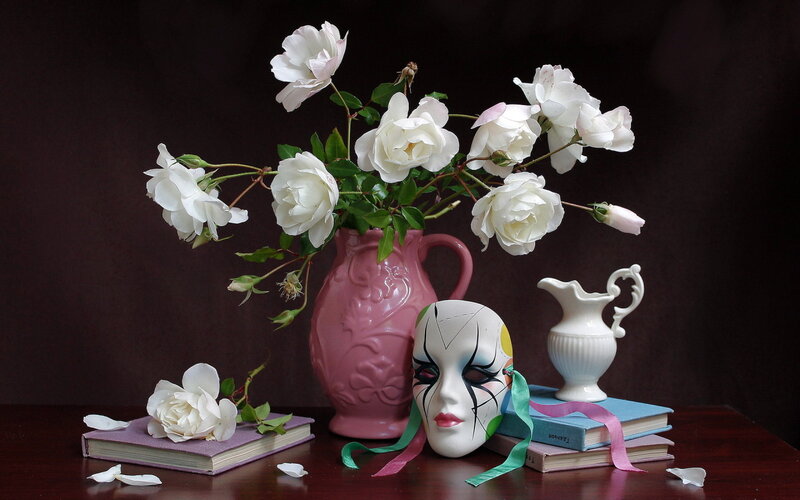 White Roses in Vase — Dramatic, Photograph, Mask, Books, Pitcher