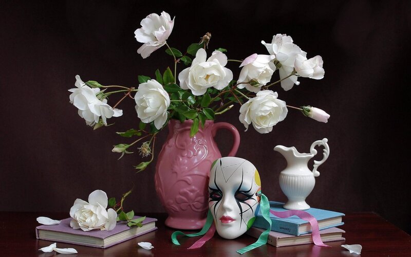 White Roses in Vase — Dramatic, Photograph, Mask, Books