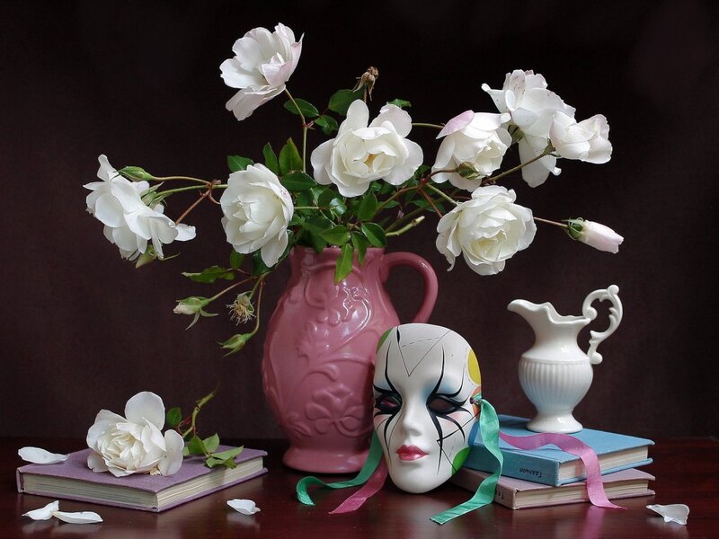 White Roses in Vase — Dramatic, Photograph, Mask