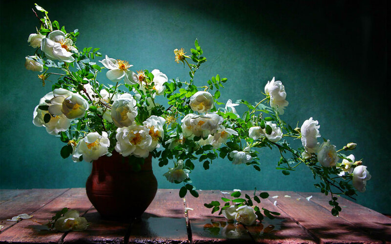 White Roses in Vase — Dramatic, Photograph, Wooden Table