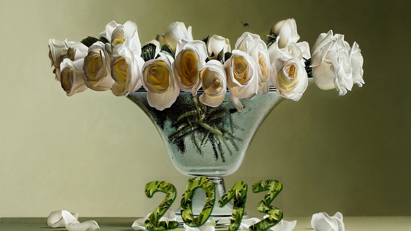 White Roses in Vase — Green, Calm