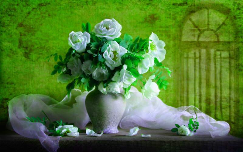 White Roses in Vase — Green, Serene, Digital Art