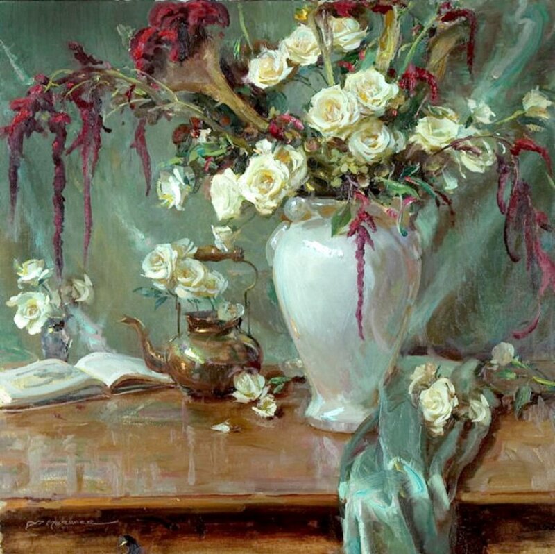 White Roses in Vase — Green, Serene, Painting, Teapot