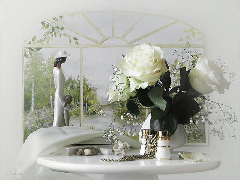 White Roses in Vase — Serene, Morning