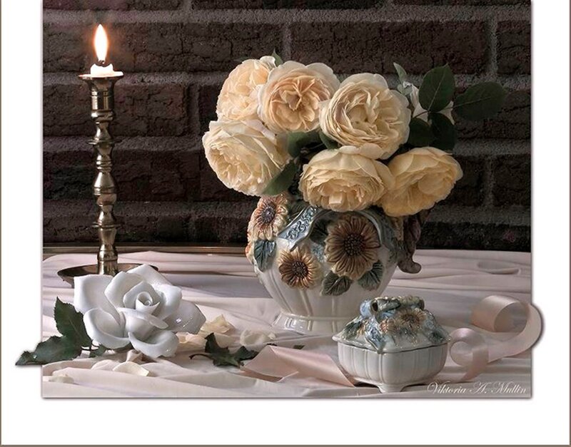 White Roses in Vase — Serene, Night